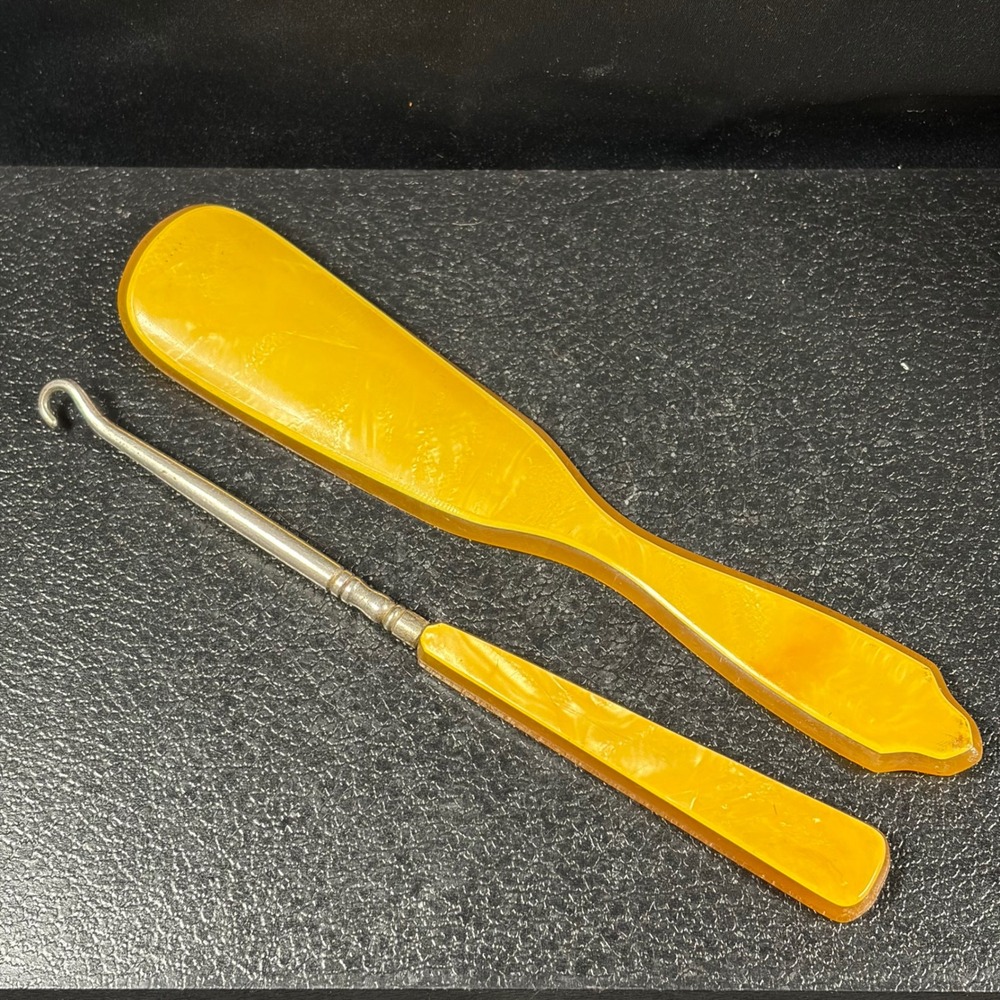 Vintage Butterscotch Celluloid Shoe Horn and Button Hook Vanity Set